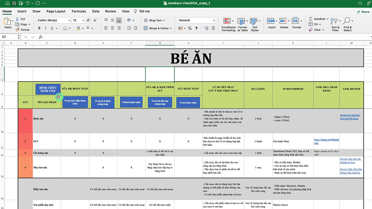 File excel danh sách mua sắm đồ sơ sinh chi tiết